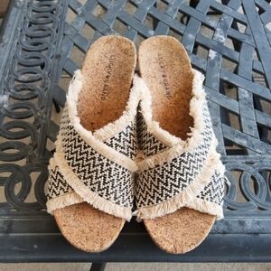 Lucky Brand Women's Black & Cream Woven Slide Cork Sandals Size 9 1/2
